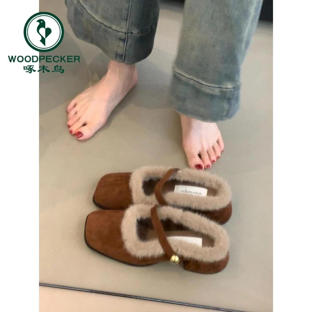 啄木鸟法式粗跟包头半拖鞋女外穿方头保暖单鞋加绒防滑玛丽珍鞋子