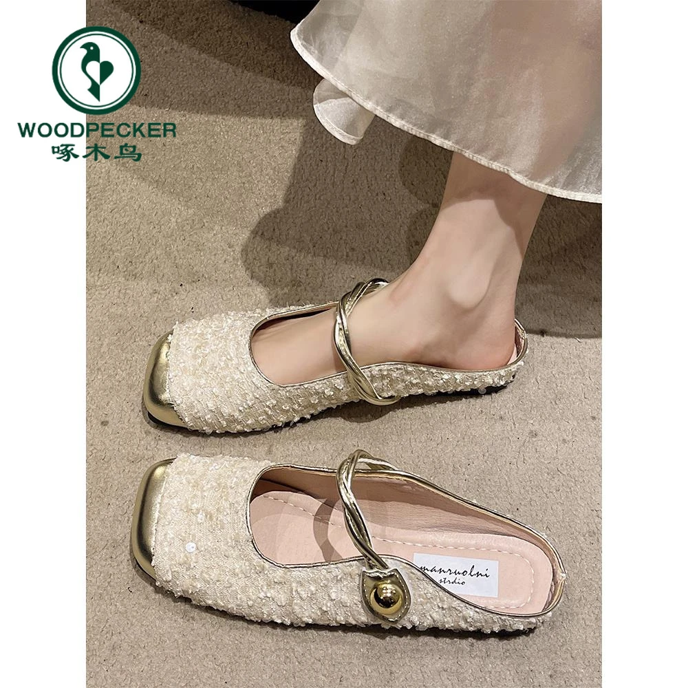 啄木鸟包头半拖鞋女夏外穿2024新款气质法式晚风玛丽珍平底凉拖鞋