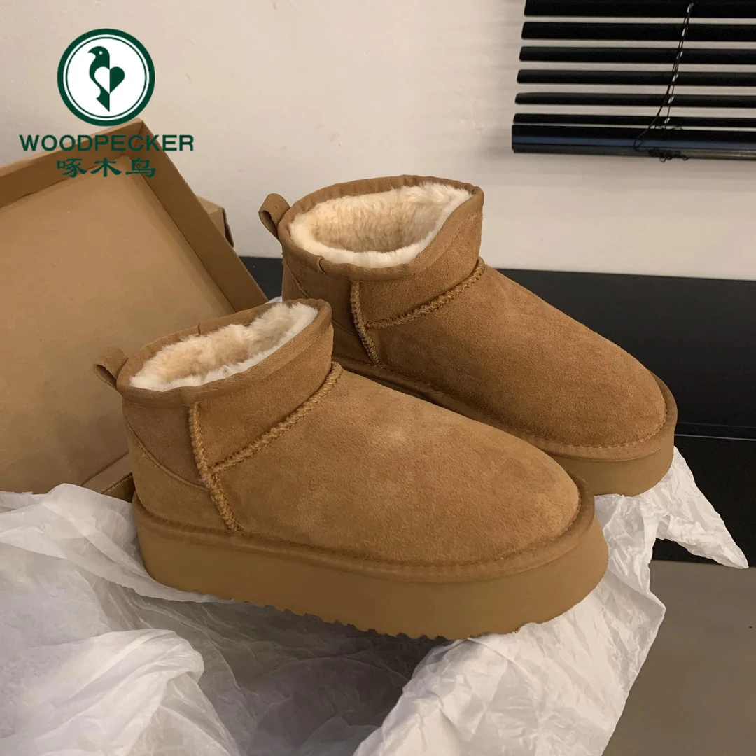 啄木鸟松糕厚底雪地靴女2025冬季新款防水短筒棉鞋保暖加绒面包鞋