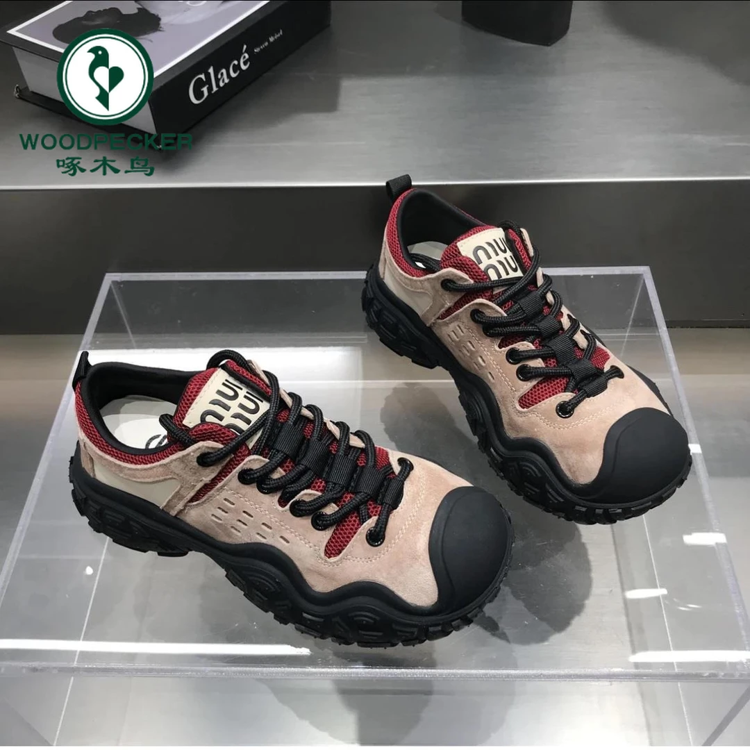 啄木鸟2024年秋季新款登山鞋女厚底复古拼色运动休闲鞋防滑老爹鞋