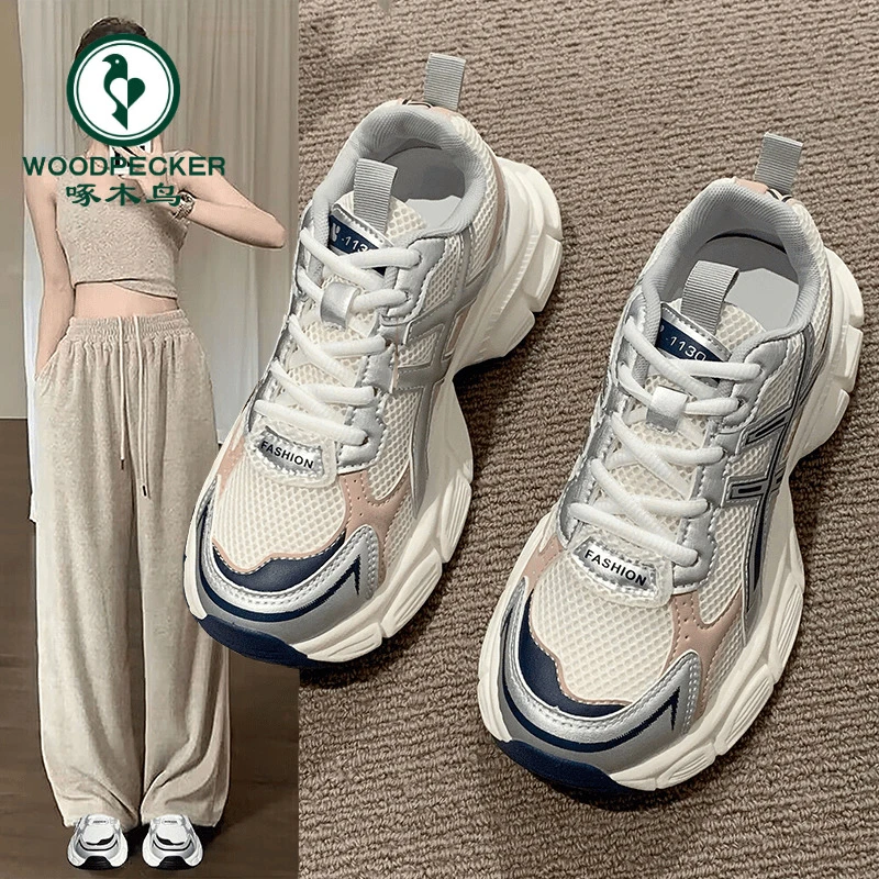 啄木鸟厚底老爹鞋女2024年夏季新款百搭增高炸街网面透气运动鞋夏