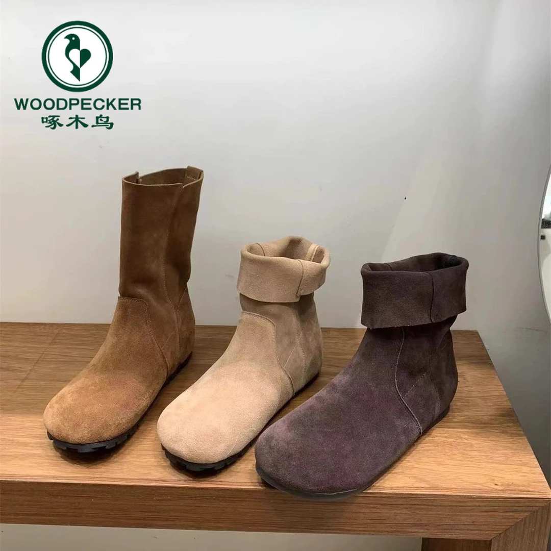 啄木鸟平底复古马丁靴女鞋2025新款春秋季韩版及踝靴套筒小短靴