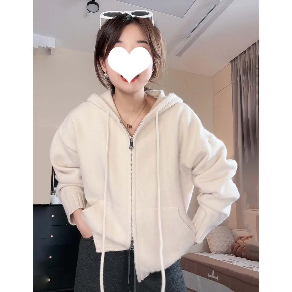 NUMEN BUTTON/灵扣双拉链抽绳连帽毛衣女秋冬新款韩版加厚针织衫