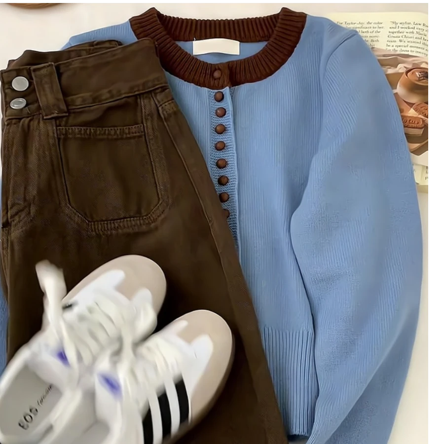 秋季新款蓝色慵懒风软糯针织开衫女高级感纽扣圆领洋气毛衣外套
