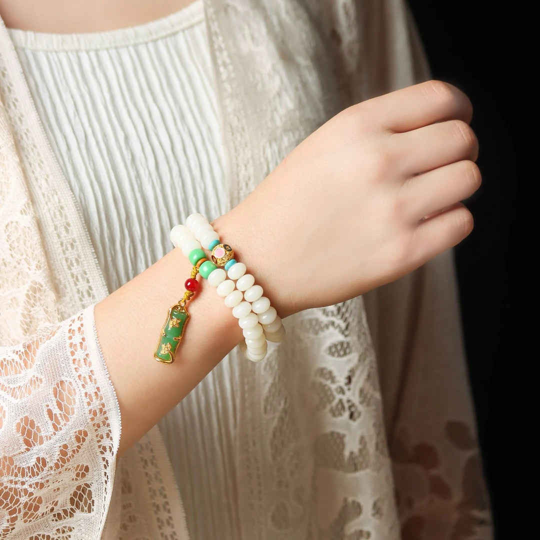 【精工】奶黄玉化料桶珠菩提根双圈手串原生态风化老料高抛文玩菩提