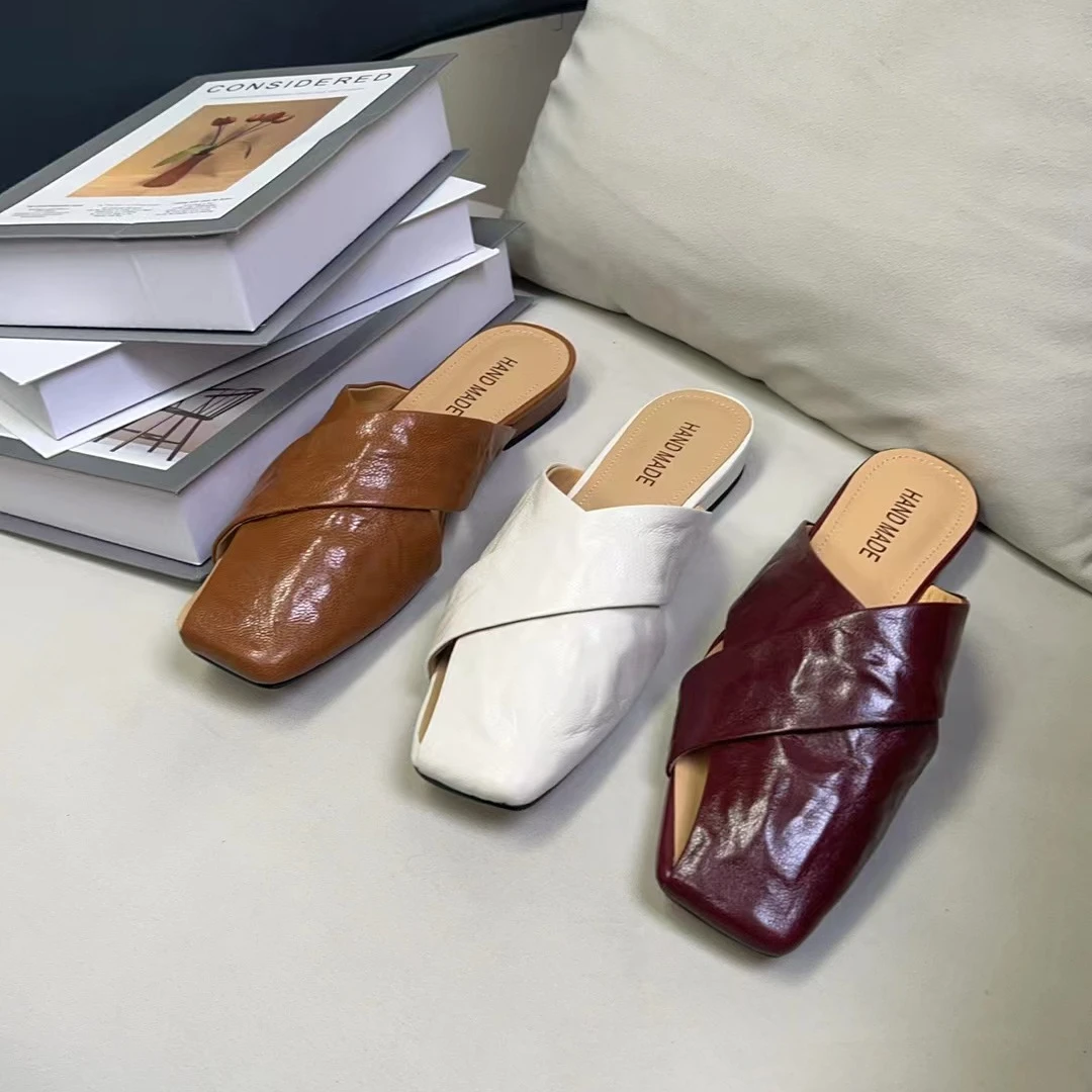 新款真皮羊皮低跟包头方便舒适时尚气质方头平底半拖女鞋6087