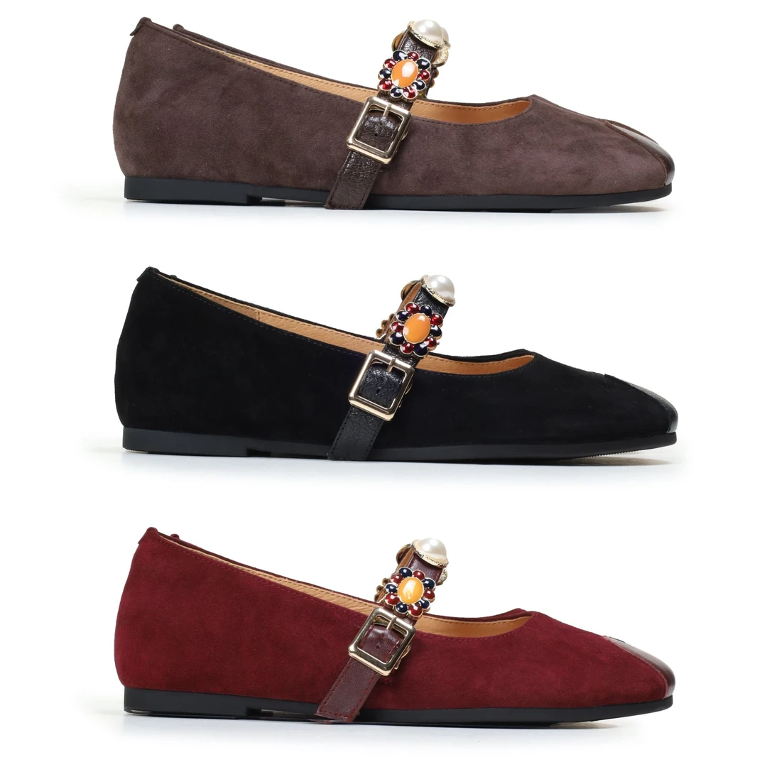 新款真皮圆头羊反皮羊猄浅口低跟珍珠带软底软面时尚单鞋女鞋8918