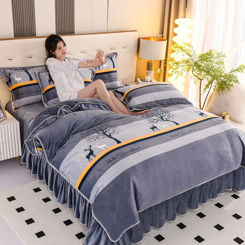 【热卖】牛奶绒四件套8-9斤高克重印花不掉色不掉毛加厚双面绒冬季