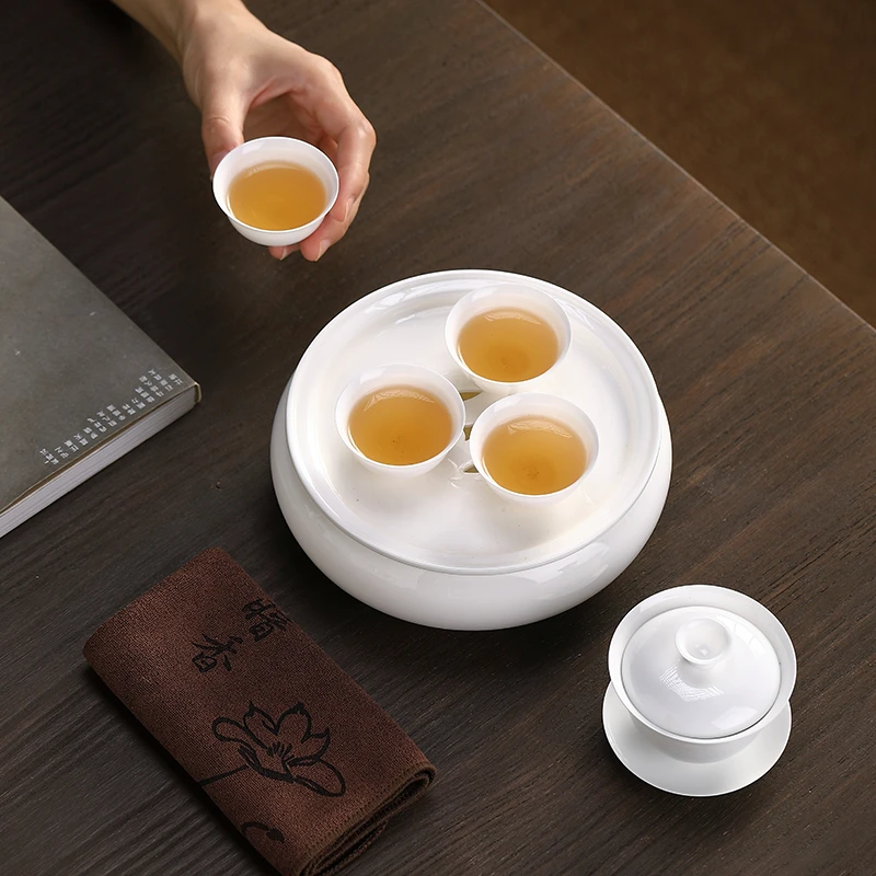 旅行便携茶具小套装家用潮州功夫高白瓷茶盘盖碗茶杯高档泡茶户外
