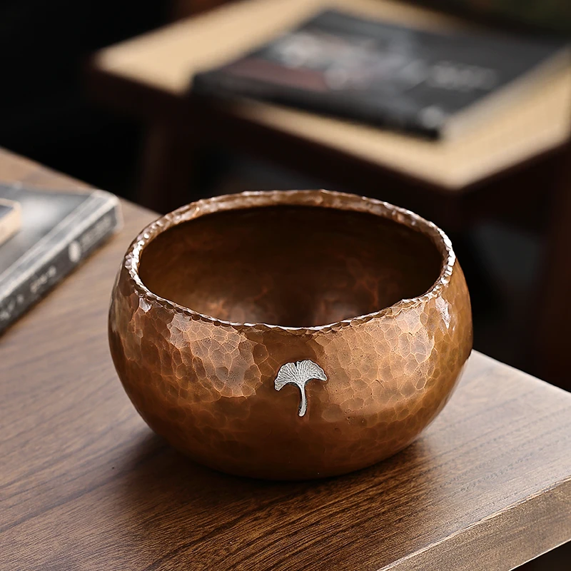 紫铜茶洗 建水 整张铜锻打加厚 杏叶笔洗家用水洗水盂 洗茶杯盆