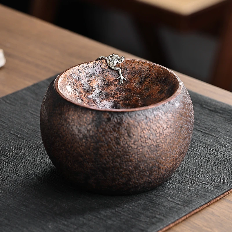 手工紫铜茶洗茶渣缸 建水高档水盂废水桶功夫茶具配件嵌银茶水缸