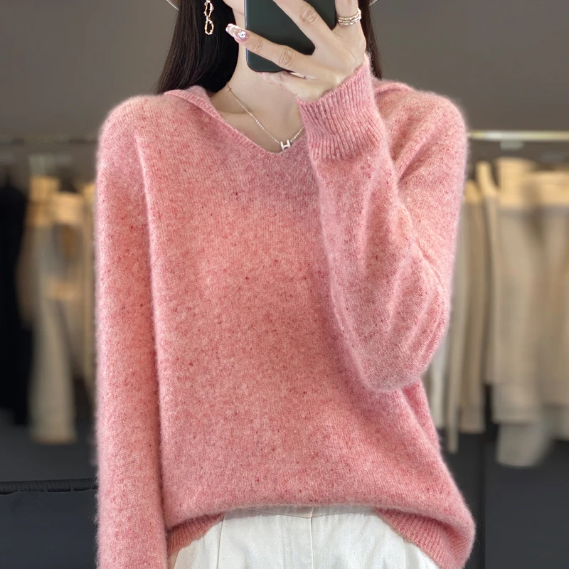 点子沙帽衫一线成衣100纯羊毛v领连帽针织衫女士宽松显瘦针织衫