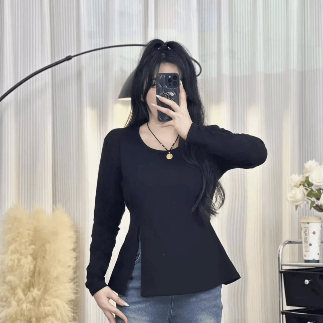 棉大码纯欲风开叉方领长袖t恤女秋季新款设计感显瘦不规则上衣ins