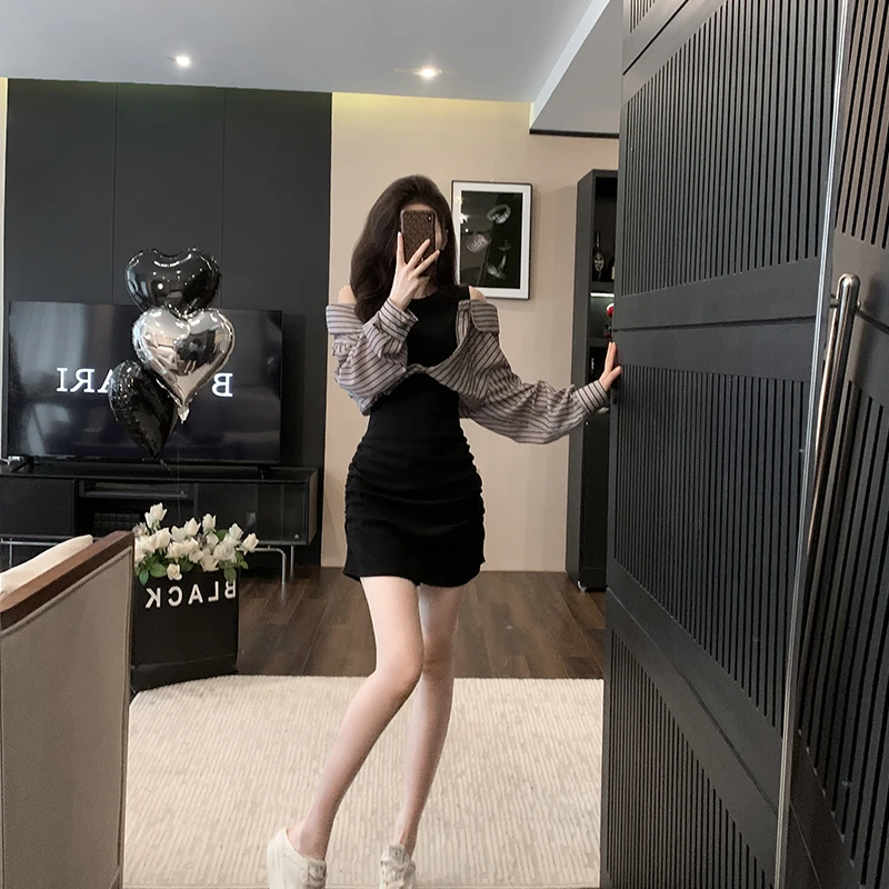 9886#长袖高腰连衣裙包臀裙修身打底半身裙气质