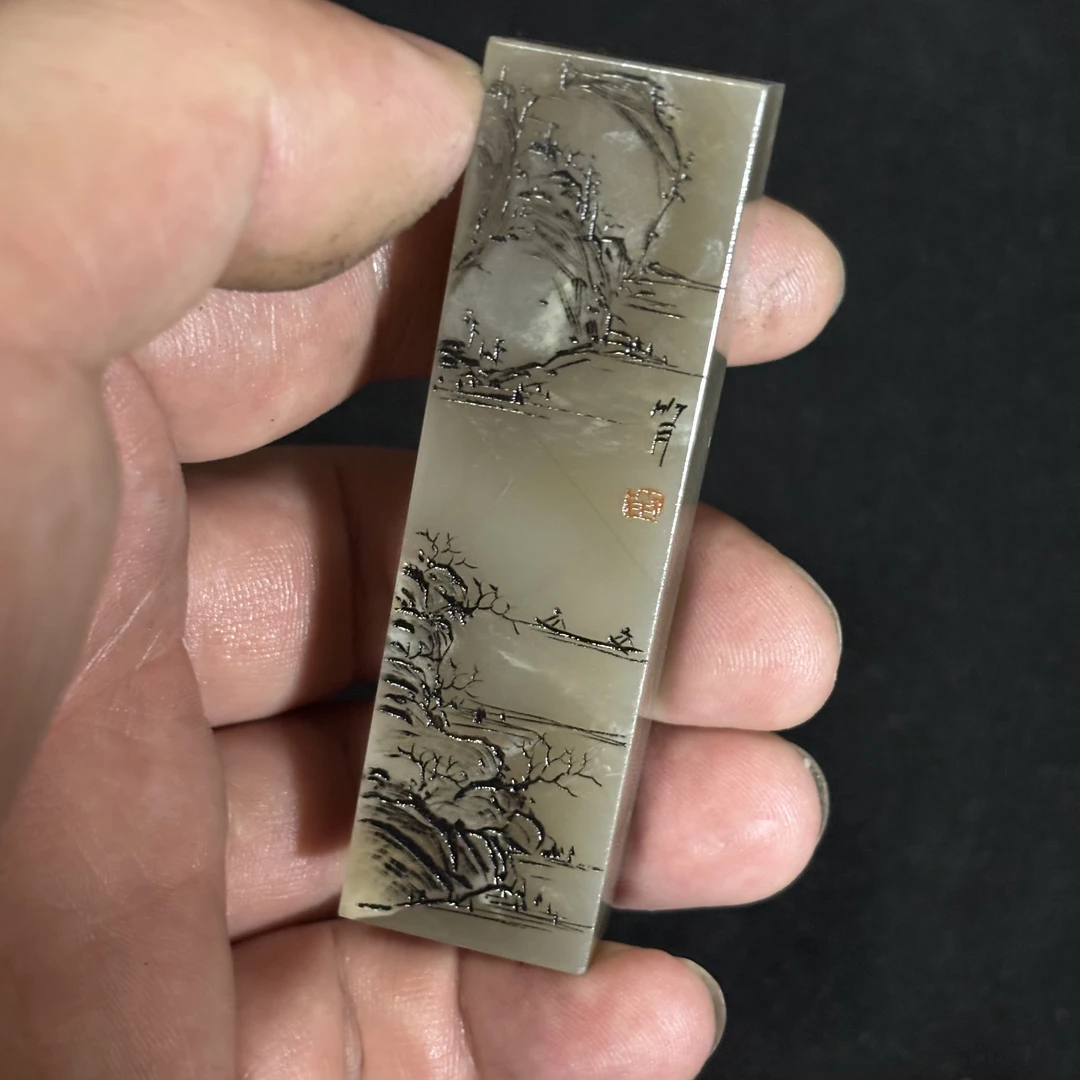 竹月刻绘昌化石刻山水印石章料16*22*78毫米