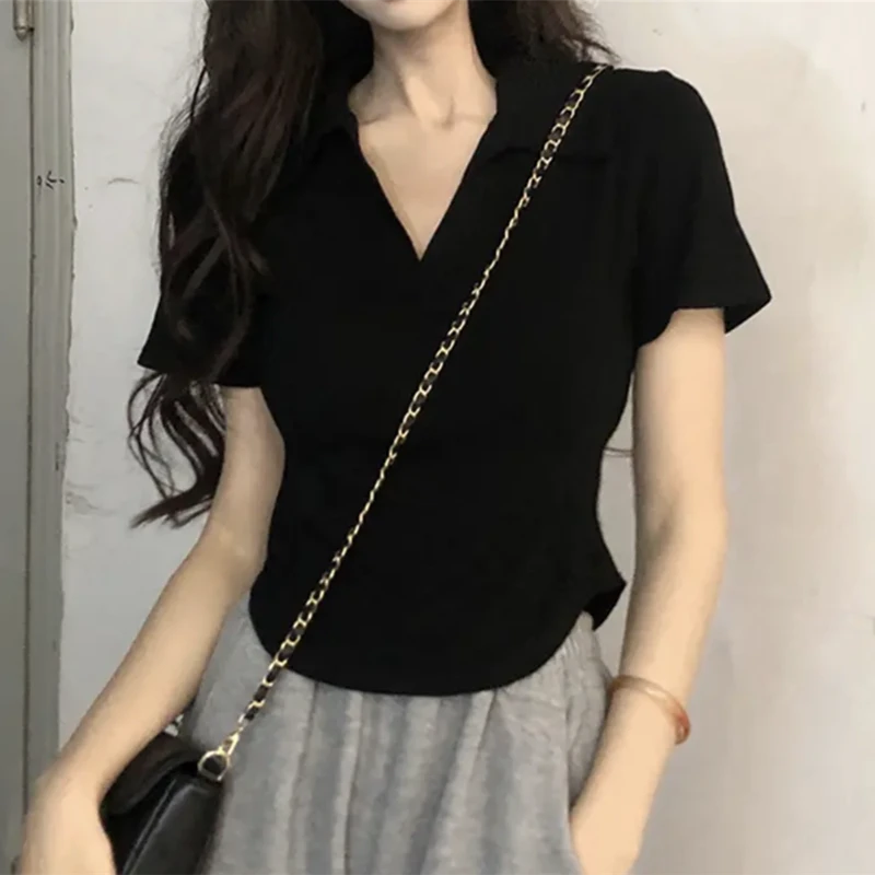 棉大码女装新款学生翻领正肩短袖polo衫V领T恤显瘦短款上衣ins夏