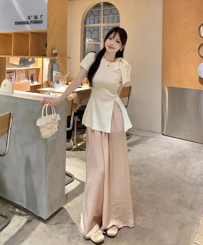 棉法式纯欲风开叉不规则蝴蝶结短袖t恤女装新款显瘦设计感上衣ins