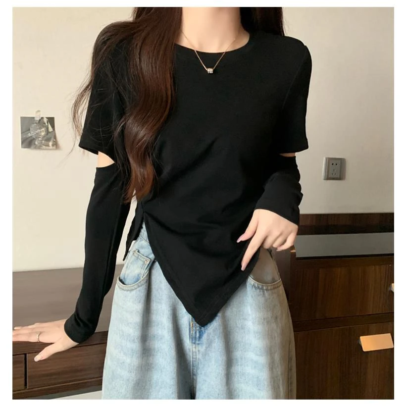 棉大码女装微胖MM正肩不规则破洞长袖T恤早秋新款开叉显瘦上衣ins