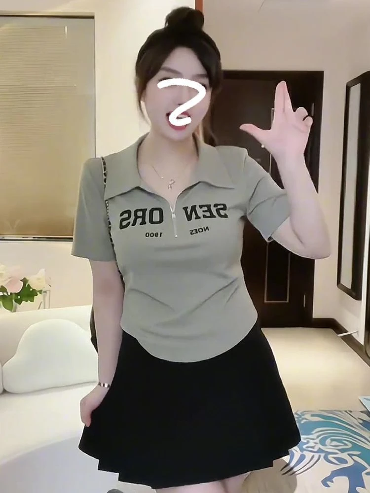 棉大码胖MM正肩短袖V领T恤女夏季新款翻领印花polo衫纯欲上衣ins