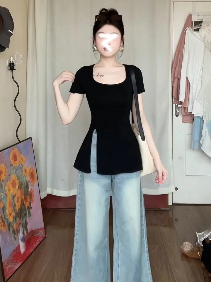 棉大码纯欲风开叉方领短袖t恤女装夏季新款显瘦设计感气质上衣ins