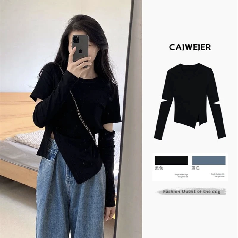 棉大码女装正肩不规则破洞学生长袖T恤早秋设计感开叉修身上衣ins