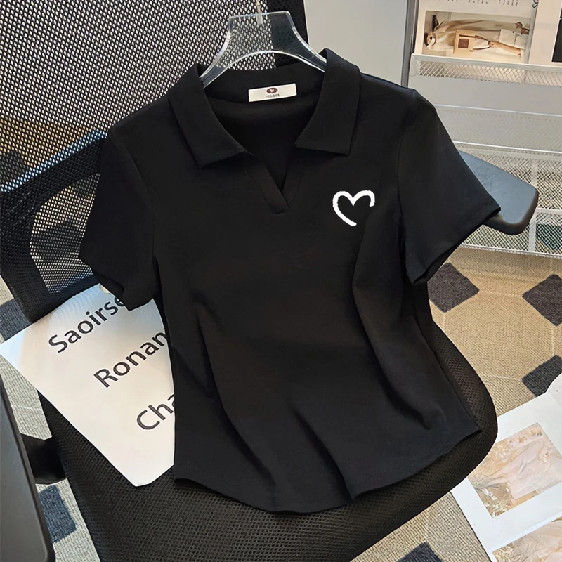 2024胖MM夏季新款小众白色印花polo领短袖T恤女洋气翻领上衣ins