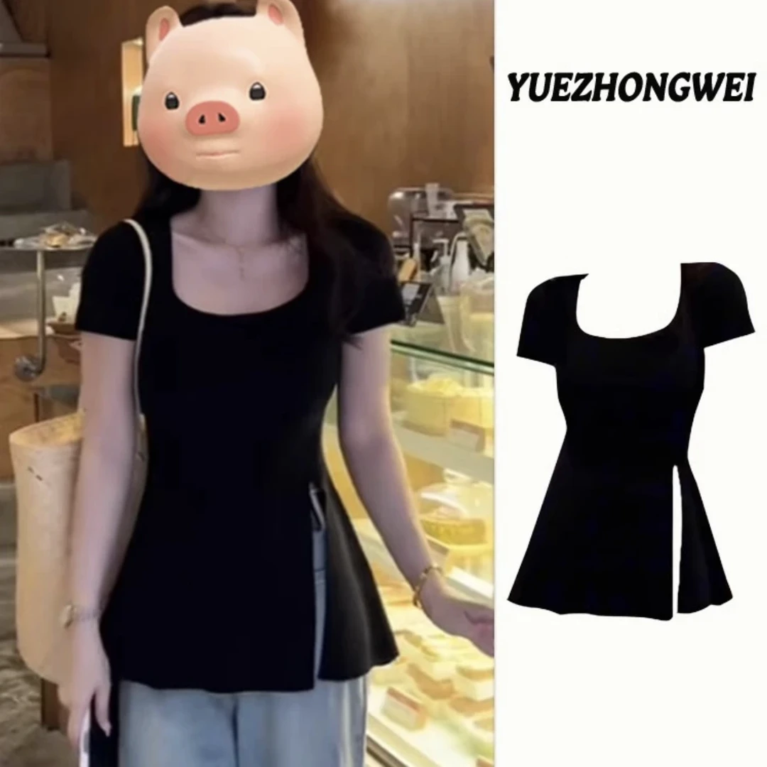 棉法式纯欲风开叉方领短袖t恤女装2024夏季新款甜辣设计感上衣ins