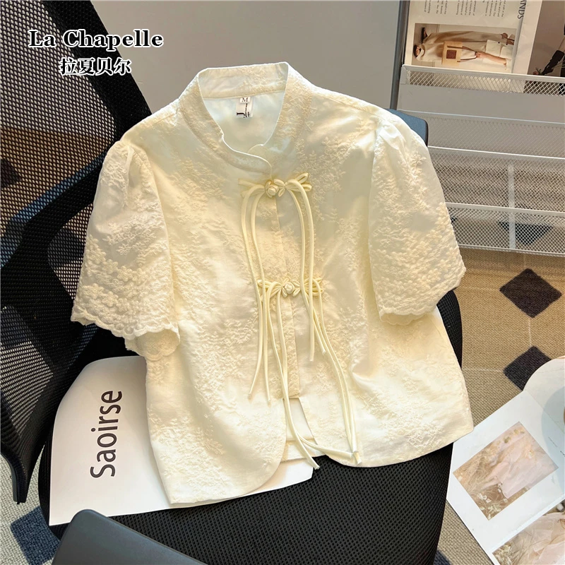 拉夏贝尔 9146#新中式重工刺绣盘扣短袖衬衫女国风蕾丝衫春夏上衣