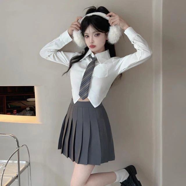 白色长袖衬衫女秋季短款收腰领带jk衬衣+半身裙学院风两件套装