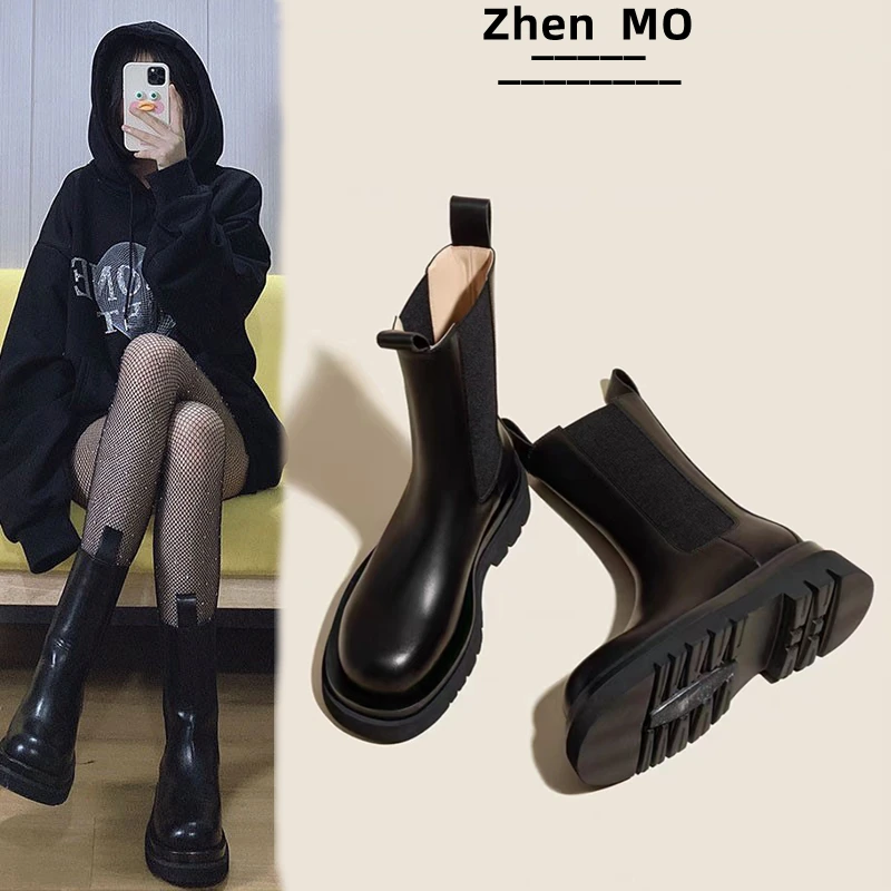 马丁靴女2024年新款秋冬季切尔西烟管靴中筒厚底短靴女靴子