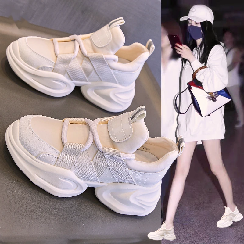 超轻厚底内增高老爹鞋女2024夏季新款布面透气小白鞋软底運動鞋