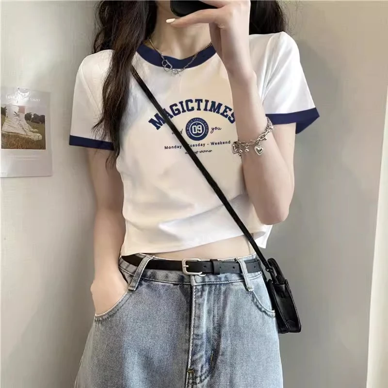 纯棉撞色短袖正肩t恤女夏季小个子法式高腰修身白体奶甜短款上衣