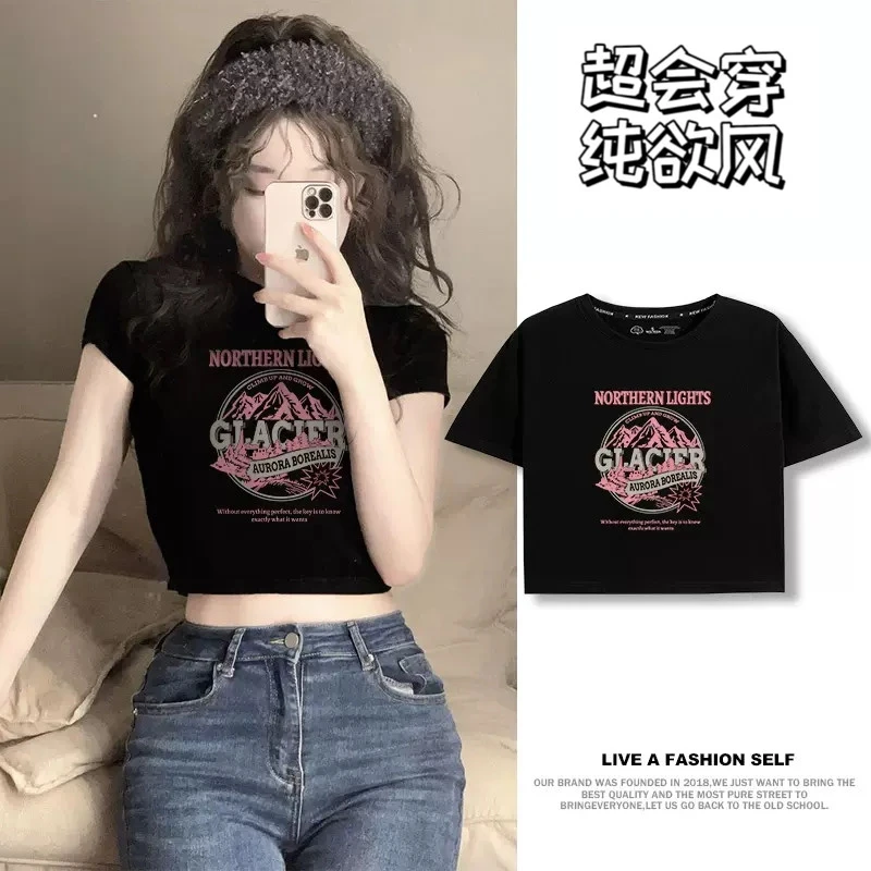 小众独特别致短款短袖T恤女夏季新款纯棉圆领黑色辣妹半袖上衣潮