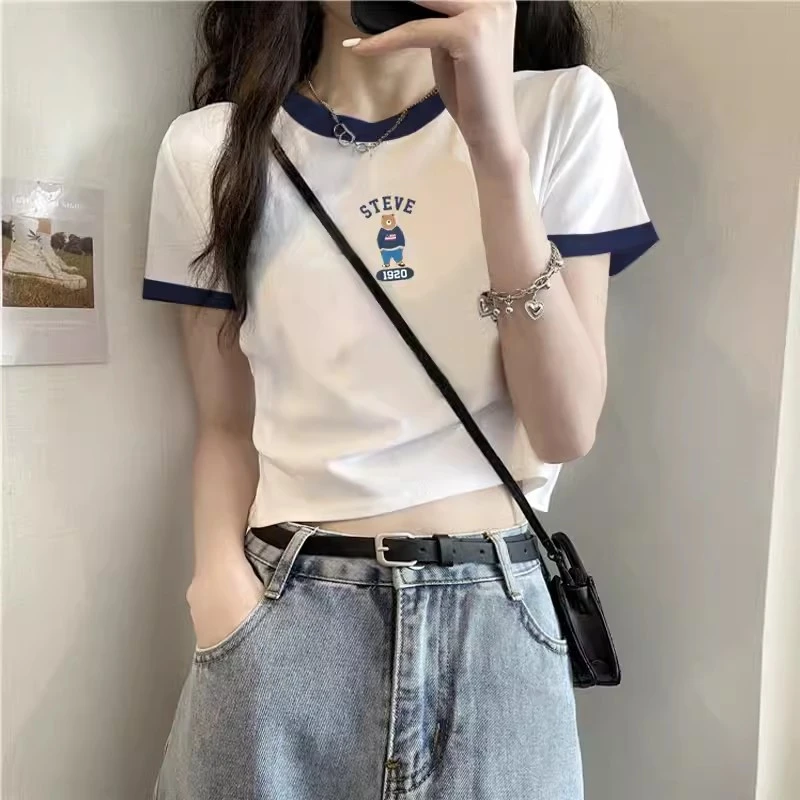 小版撞色短袖女t恤纯棉高级感夏季法式短款露脐高腰搭配美式上衣