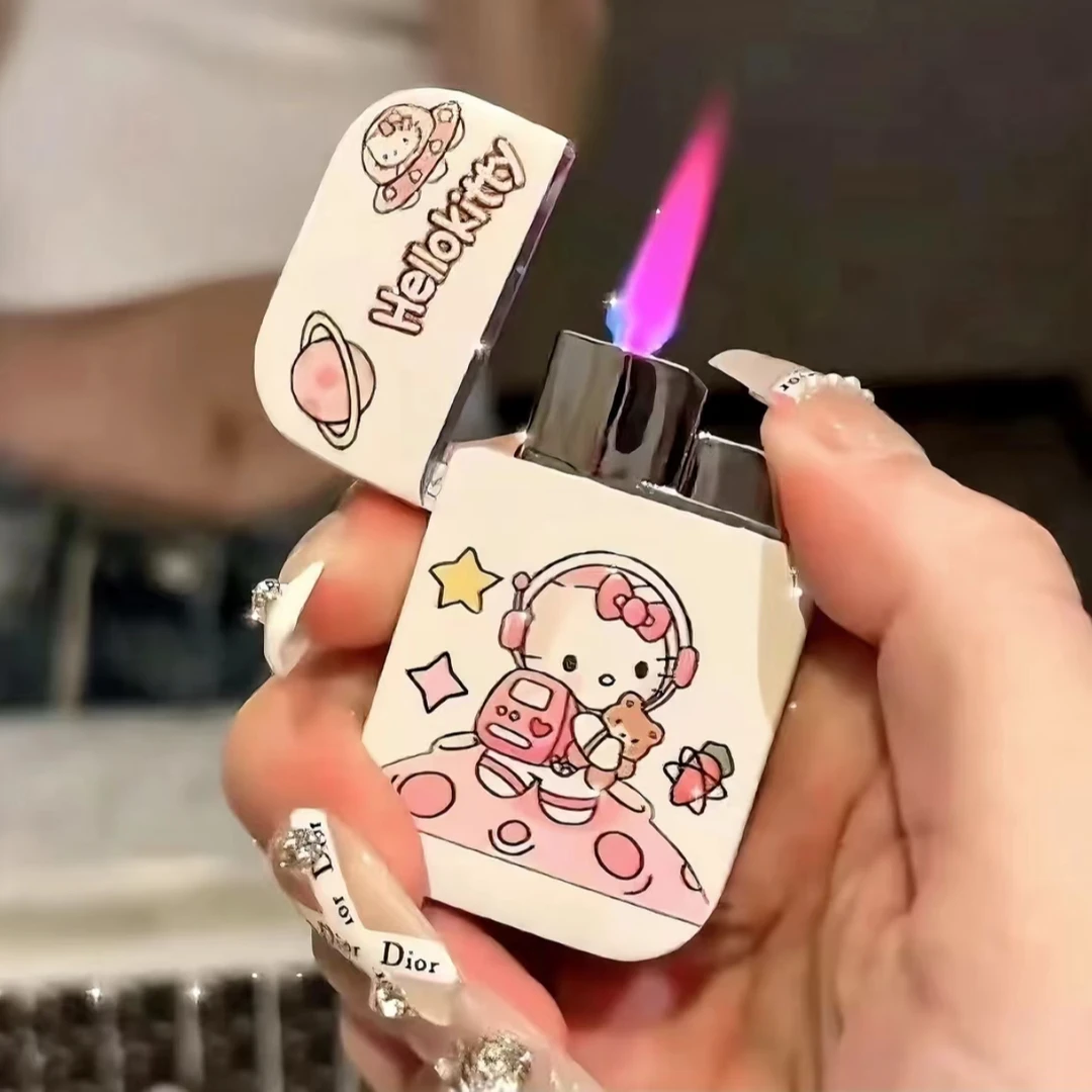 新款网红可爱卡通KT猫个性粉色火焰防风充气打火机送男女朋友礼物