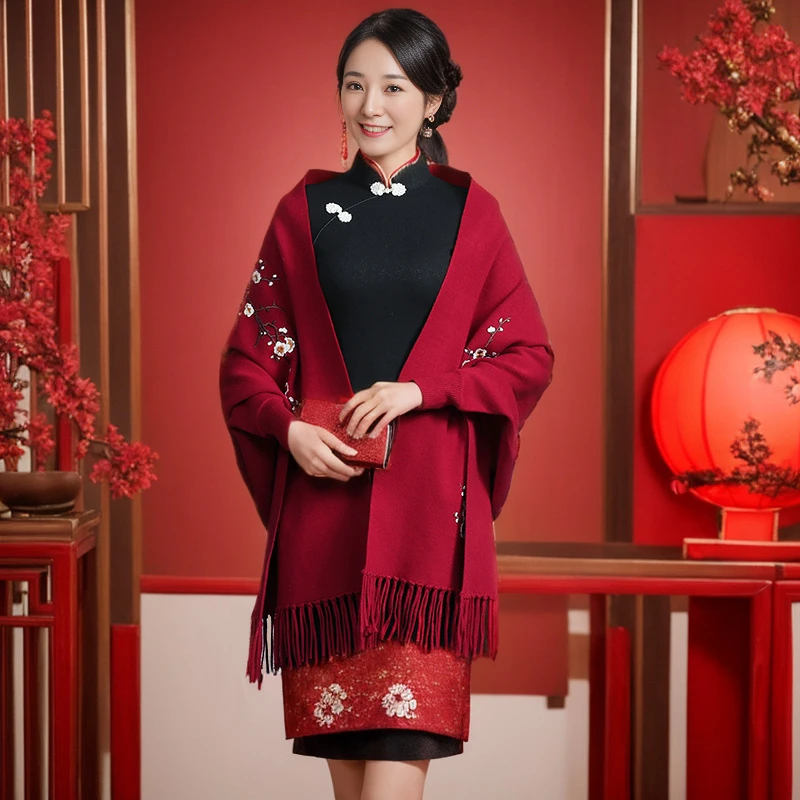 秋披肩妈妈配旗袍外搭秋冬喜婆婆带袖结婚礼服斗篷百搭外套YY607