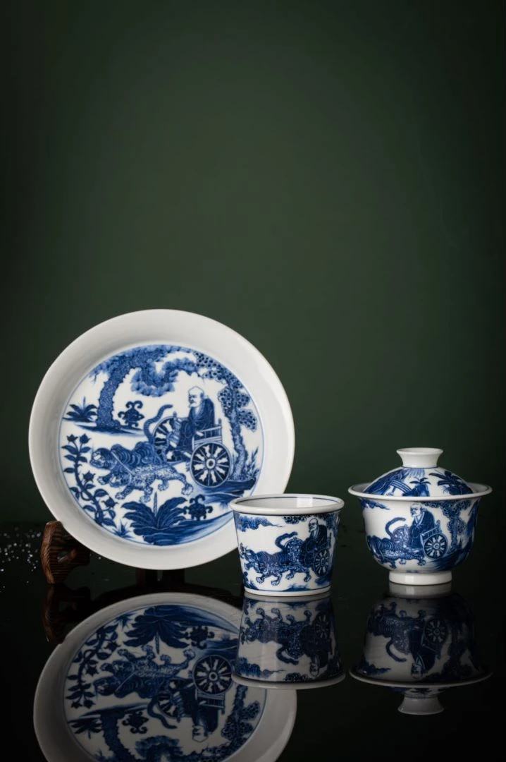 景德镇家用陶瓷手工手绘柴窑釉下元青花盖碗高档茶杯茶具套装套组