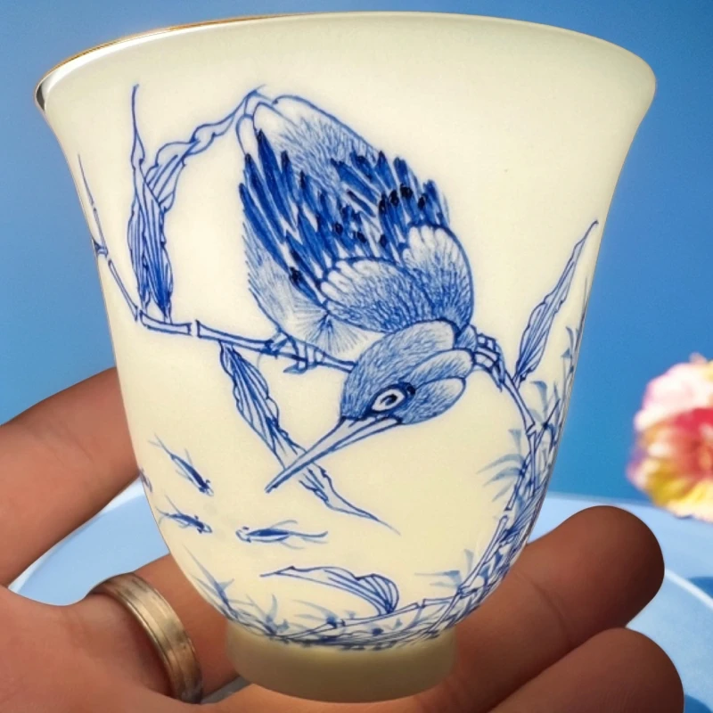 景德镇高档陶瓷手工手绘薄胎全手工翠鸟闻香杯铃铛杯主人杯茶具