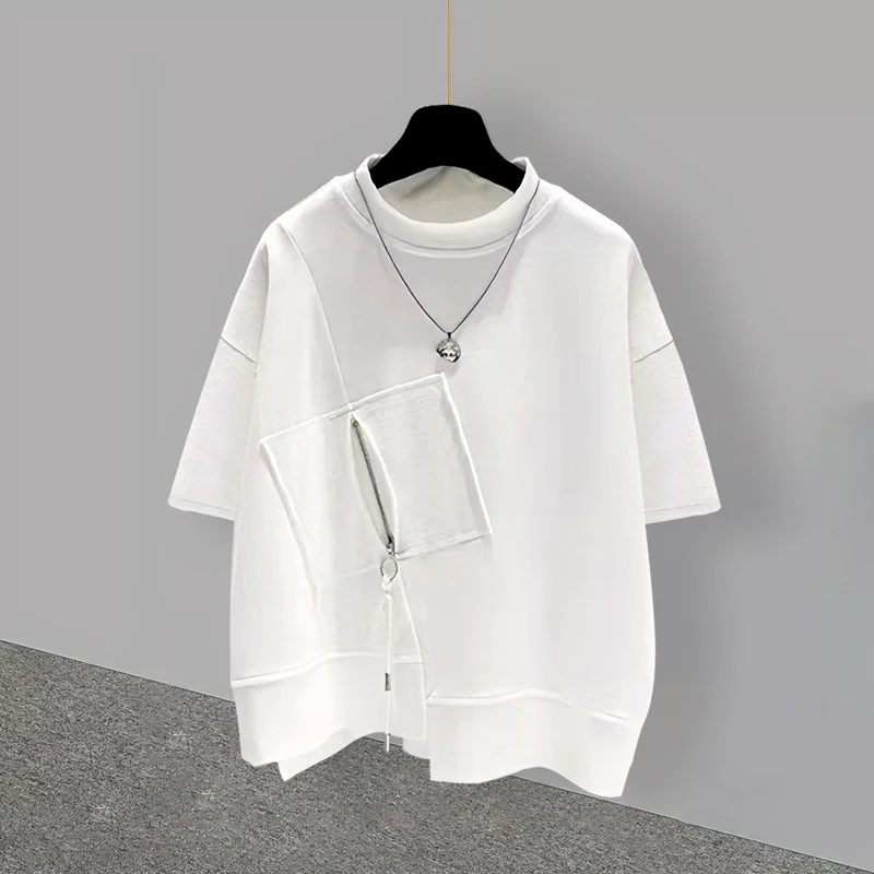 潮牌宽松夏季青少年圆领T恤短袖男ins夏季百搭拉链设计感潮流上衣