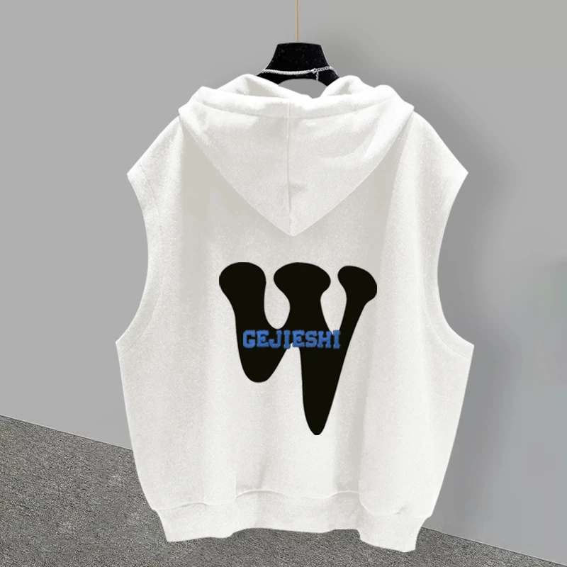 潮牌连帽无袖T恤男夏季潮流字母印花刺绣设计感坎肩背心外穿宽松