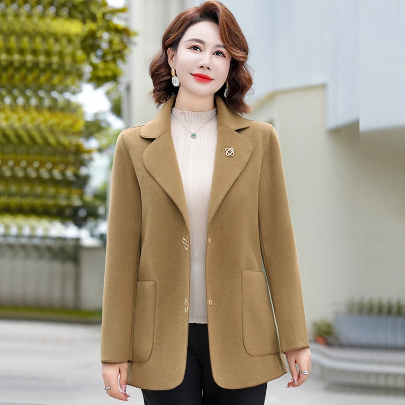 中年妈妈秋季双面呢大衣毛呢西装外套秋冬新款中老年女士呢子上衣