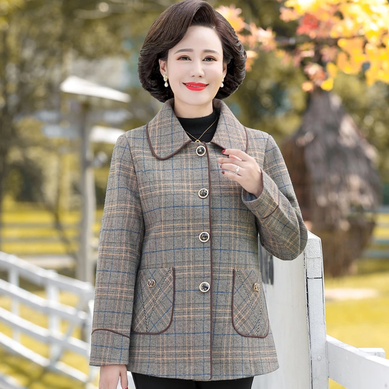 奶奶春秋装外套中老年人女装妈妈老太太秋季休闲时尚格子毛呢上衣