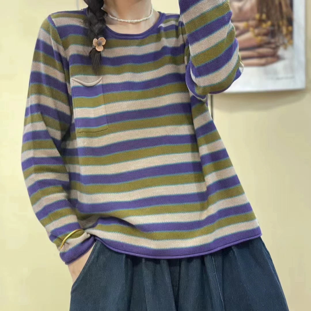 【七彩衣新品】8954彩条棉线拼色上衣  衣长62