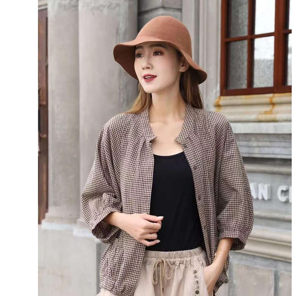 【七彩衣新品】8956棉麻中䄂格子衬衣披肩  衣长58