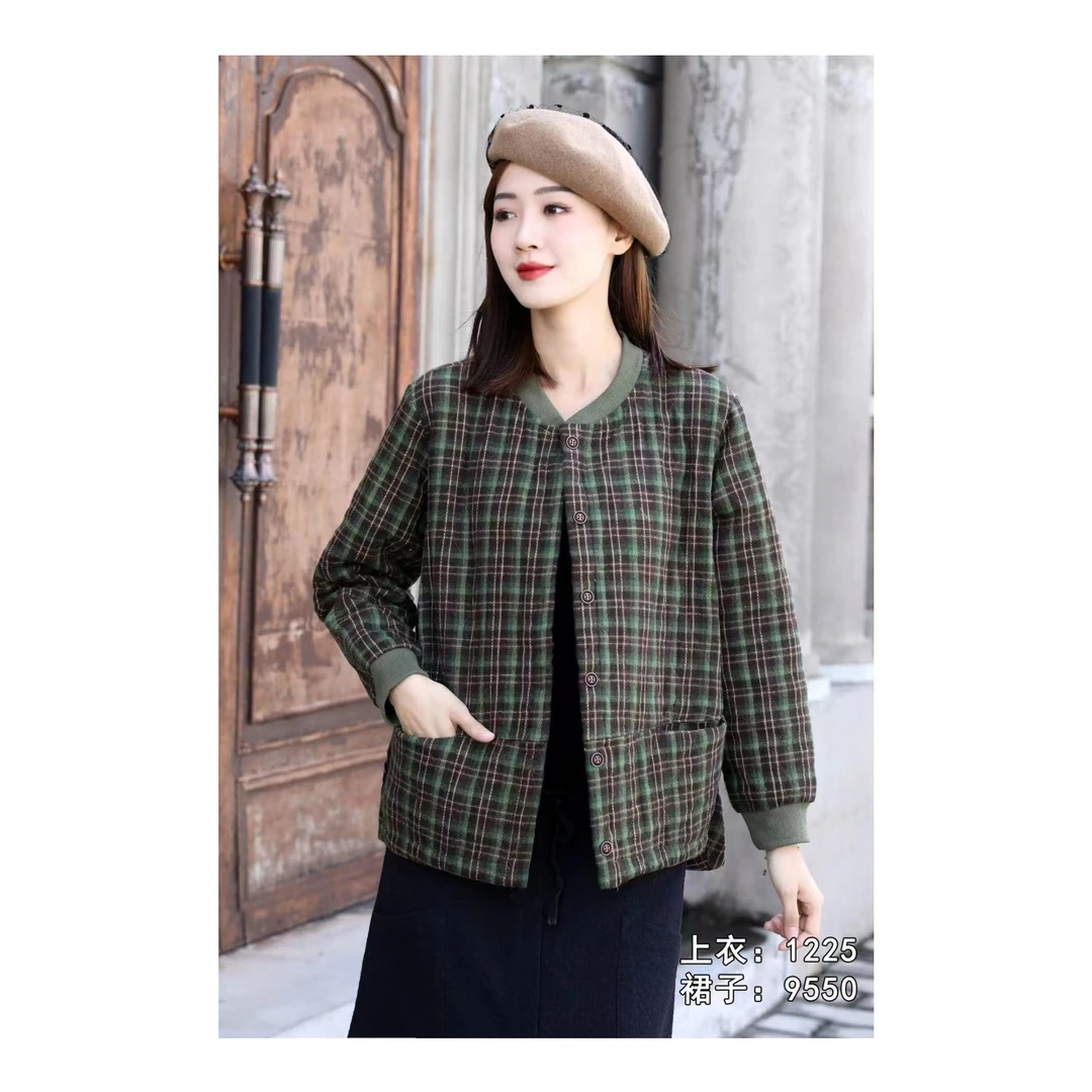 【七彩衣新品】1225时尚休闲棉麻格子棉衣  衣长59
