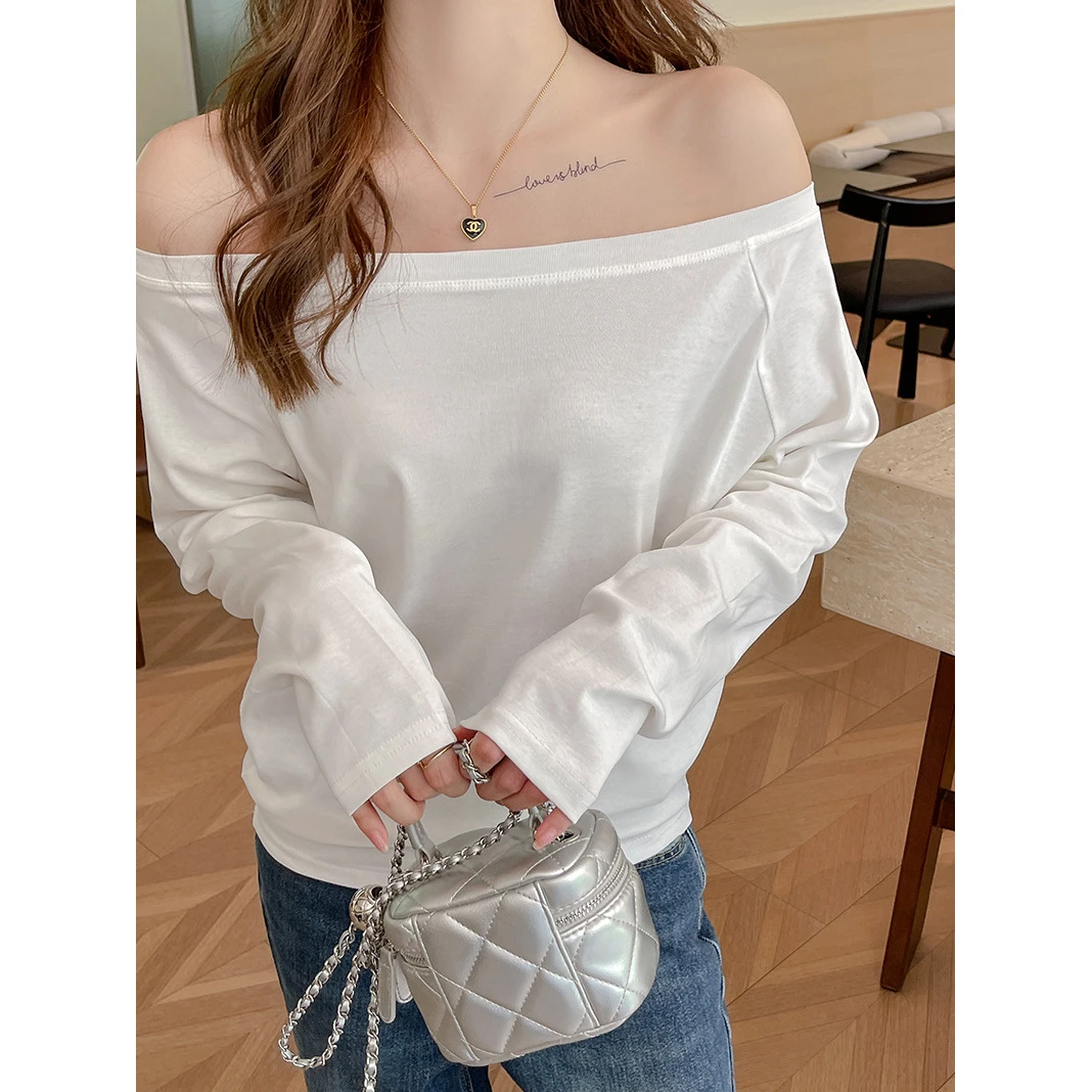 新款早春秋季露肩设计感长袖T恤女装打底衫高级感宽松可外穿上衣