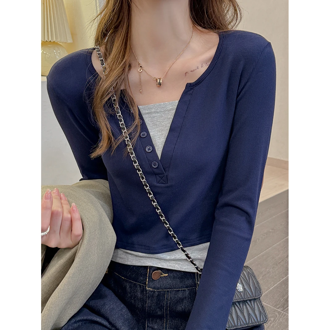 早春秋季正肩假两件长袖T恤女装设计感可外穿修身打底衫内搭上衣