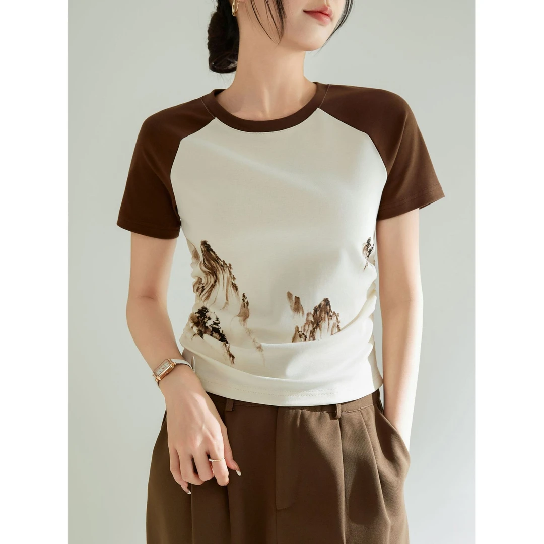 气质国风水墨画插肩袖圆领褶皱修身短袖女夏季新款新中式撞色显瘦