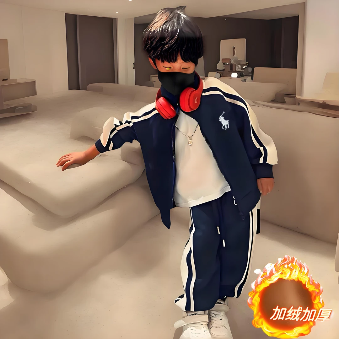 厂家直销男女同款运动休闲秋冬款2025新款男童一体绒保暖卫衣套装