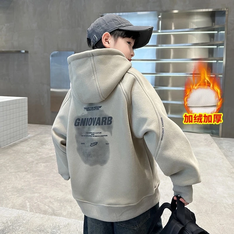 【专属】儿童装男童冬装加绒连帽卫衣2024新款大童男孩冬季加厚上衣
